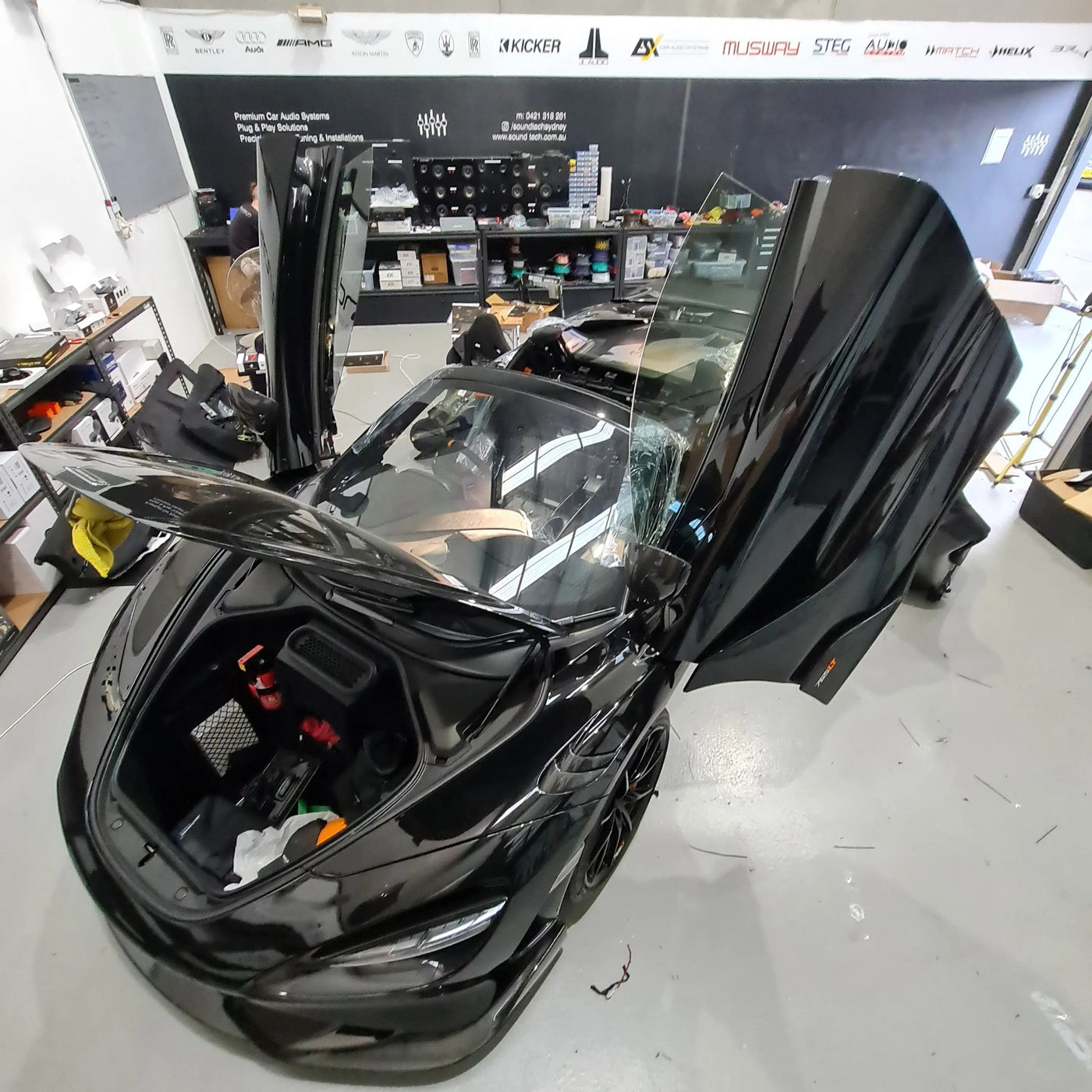 McLaren 765LT parked at Mechatronicar Audio Sydney workshop for premium sound upgrade