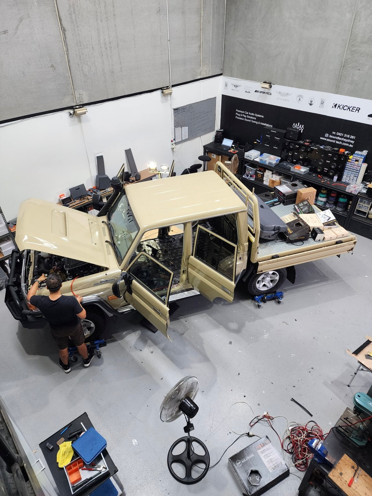 Toyota Land Cruiser 79 Series parked in workshop for Thinkware dashcam installation