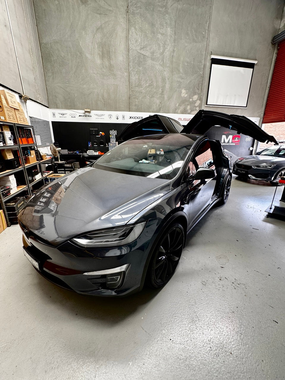 Tesla Model X at Mechatronicar Sydney workshop for custom ambient lighting and BlackVue dashcam installation