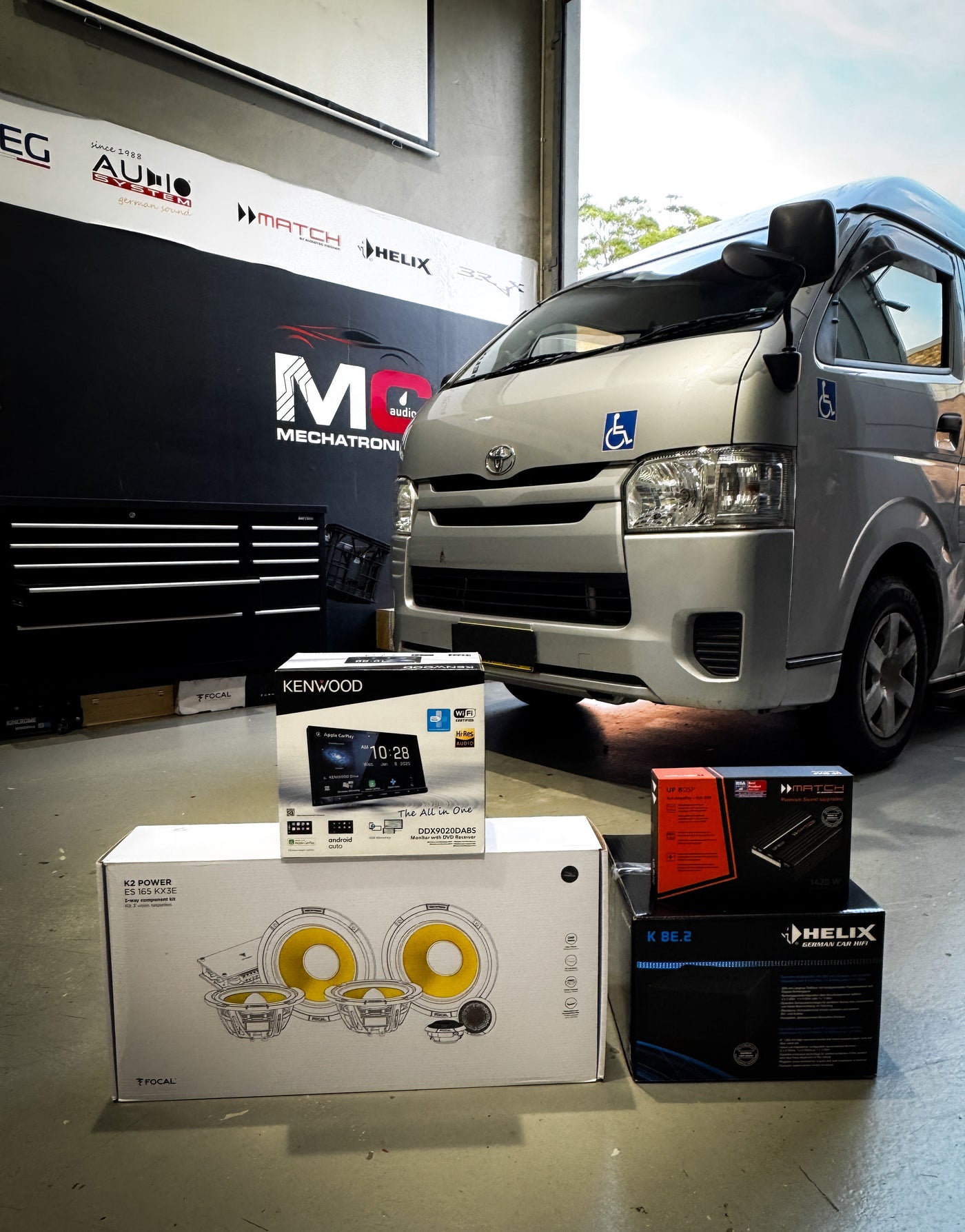 Toyota Hiace van parked at MC Audio Sydney for full custom hi-fi audio upgrade