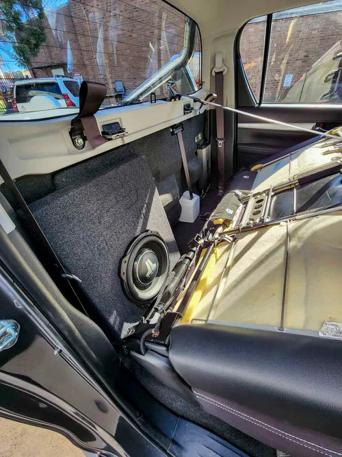 BASSER Fit-Box 10” subwoofer mounting area – Toyota Hilux 2015–2023 sub enclosure by MC Audio Sydney