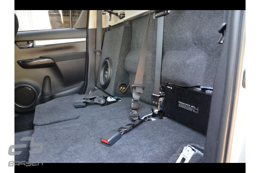 BASSER Toyota Hilux Fit-Box subwoofer enclosure – terminal and wiring detail | 15 L sealed MDF box by MC Audio Sydney