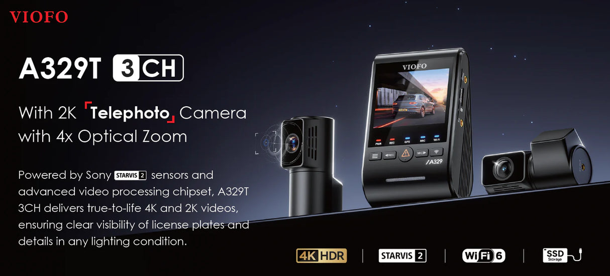 VIOFO A329SW 3CH Triple Channel 4K Front + 2K Waterproof Rear + 2K Fisheye Cabin HDR Dashcam System