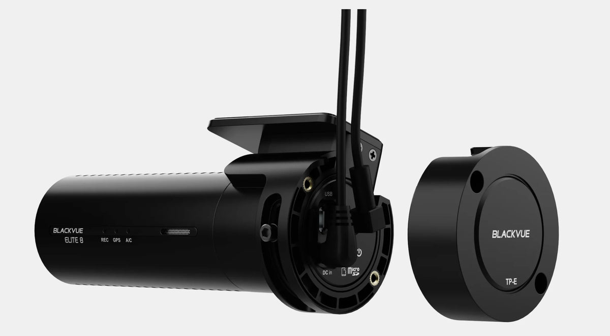 BlackVue ELITE8 2CH front dash camera side detail showing the cylindrical body, mount and connection area