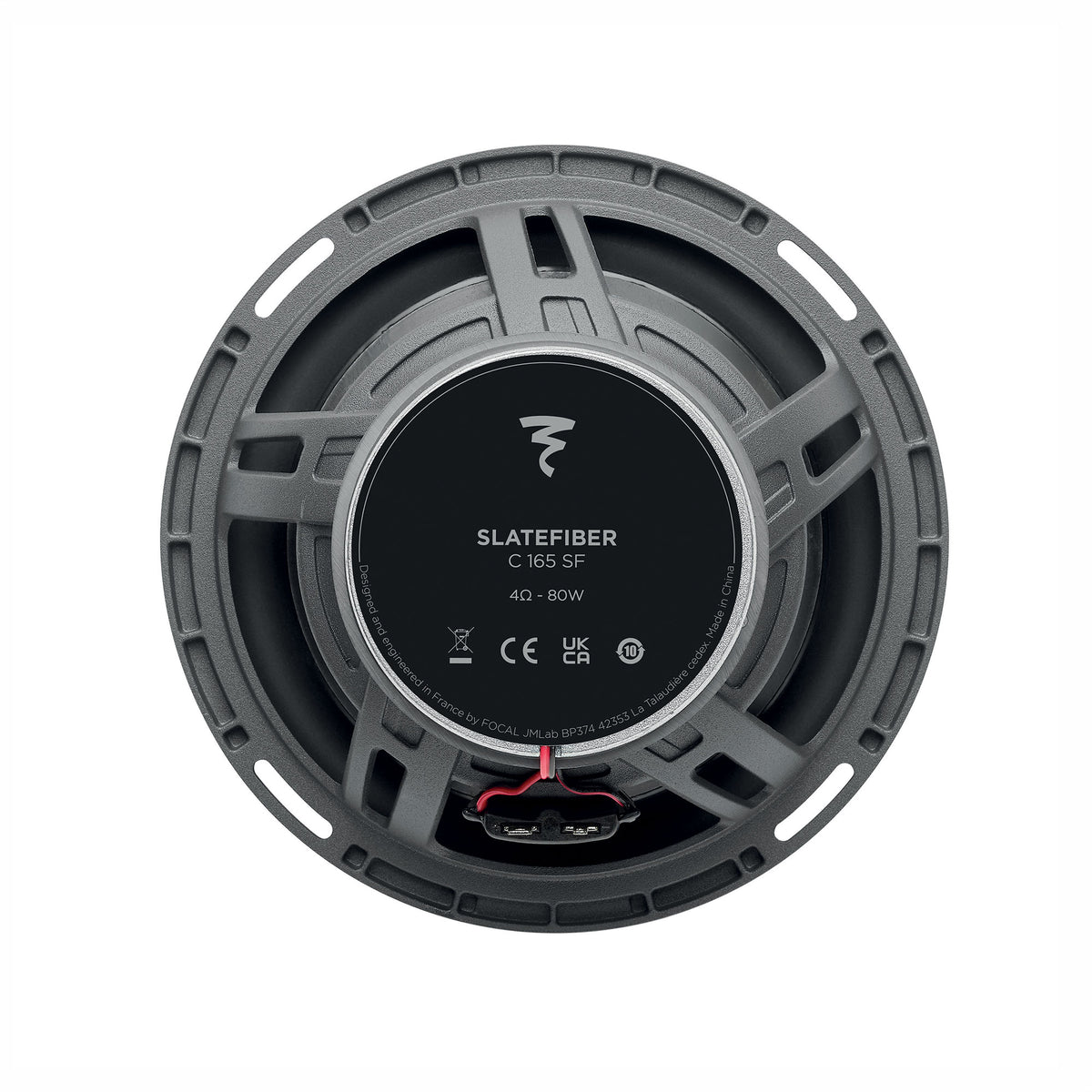 Focal C 165 SF coaxial speaker fitted with the supplied black protective grille and Focal badge