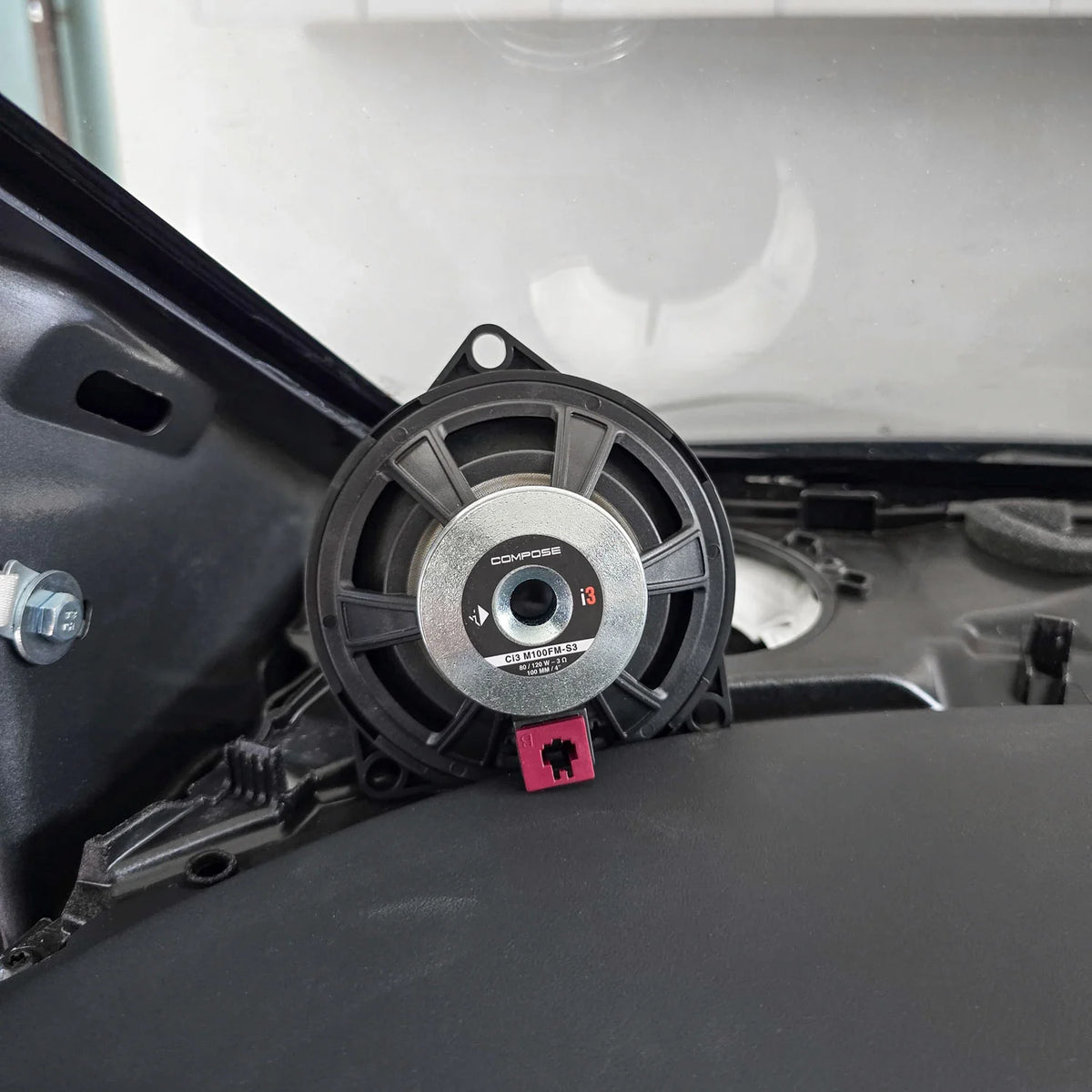 HELIX Ci3 M100FM-S3 midrange rear view shown during the Tesla Model Y front speaker upgrade