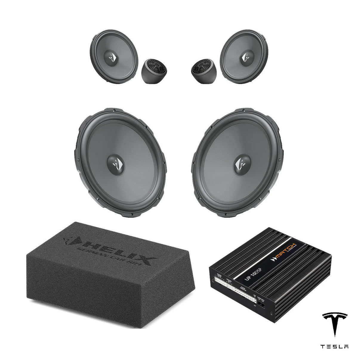 HELIX Ci3 front speakers, loaded subwoofer and MATCH UP 10DSP for Tesla Model 3 SR/SR+ Intel systems