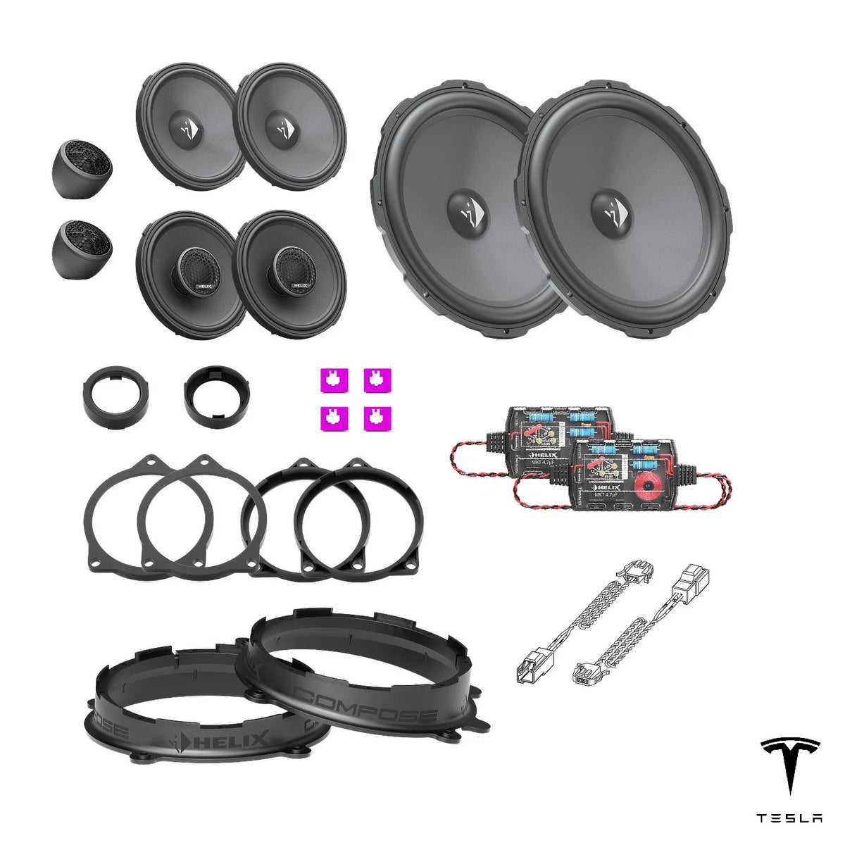 HELIX Ci3 speakers, FlexMount adapters, crossovers and wire kits for the Tesla Model Y RWD upgrade