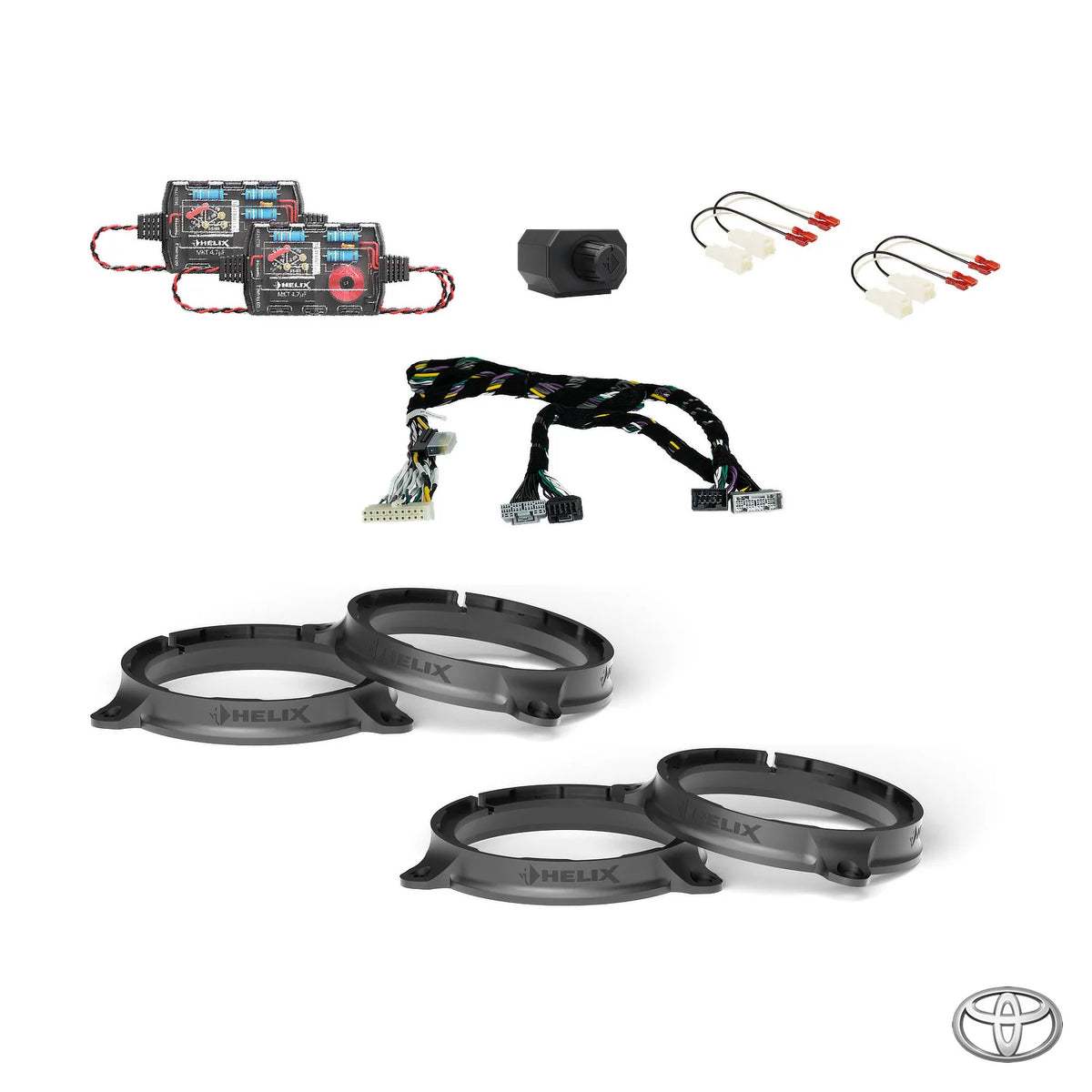 HELIX DSP amplifier, subwoofer remote, speaker connectors and FlexMount adapters for the Toyota Hilux N80 package
