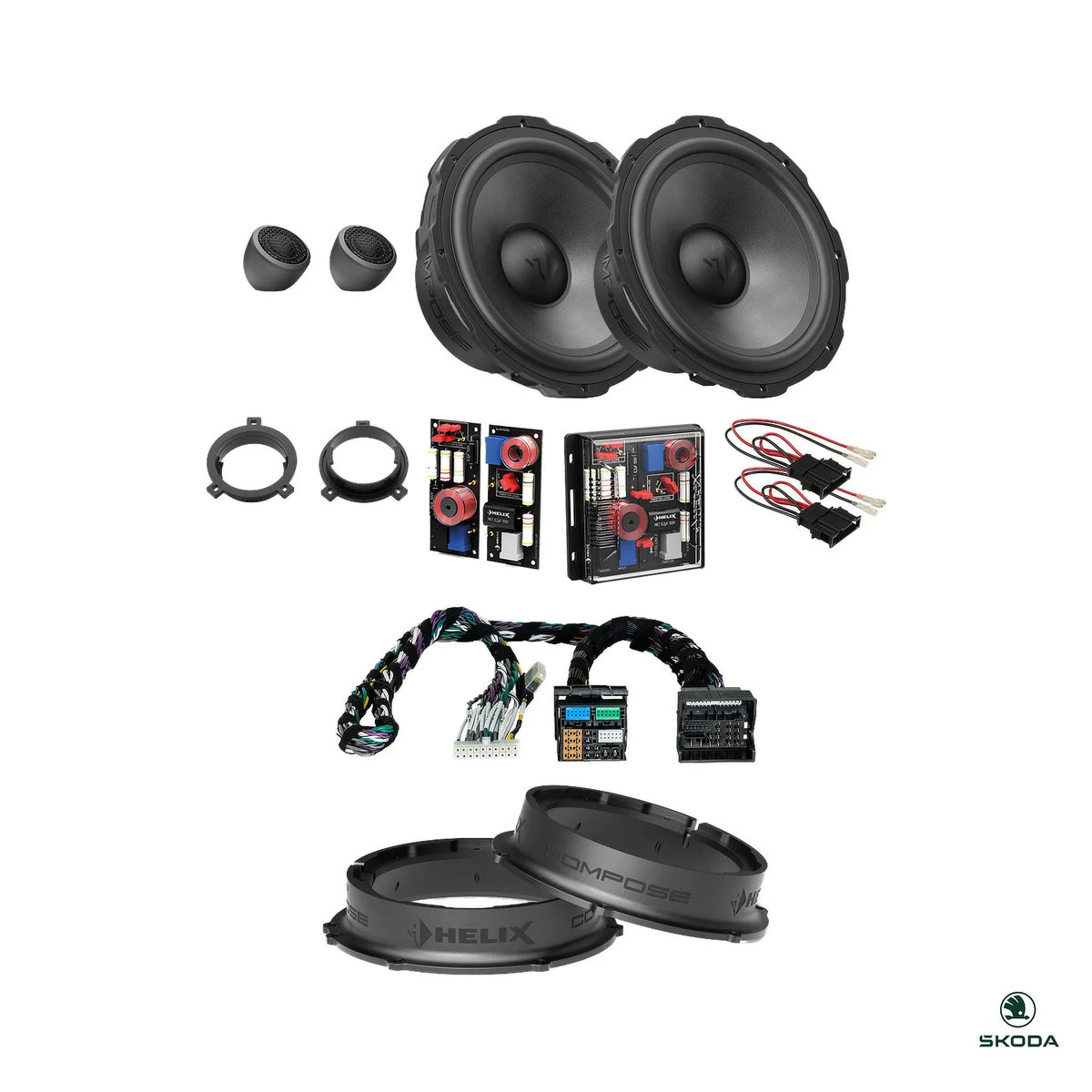 DSP amplifier, T-harness, HELIX crossovers and FlexMount adapters for the Skoda Kodiaq 2024-on package