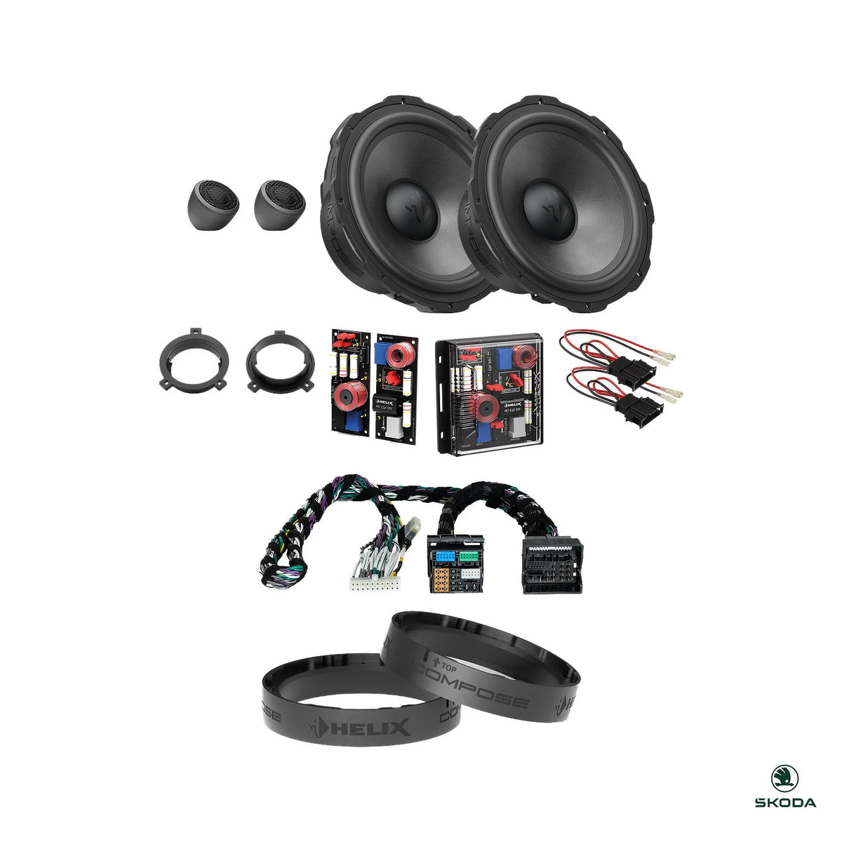 DSP amplifier, T-harness, HELIX crossovers and FlexMount adapters for the Skoda Octavia IV front speaker package