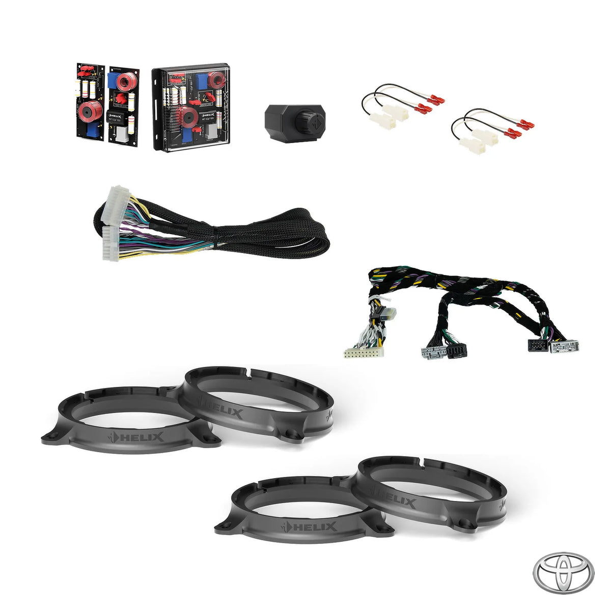HELIX crossovers, subwoofer remote, wiring harness and FlexMount adapters for the Toyota Hilux N80 DSP package