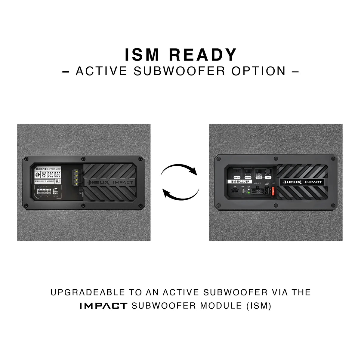 HELIX IMPACT subwoofer with interchangeable ISM module, allowing an upgrade from passive to active DSP-powered operation.