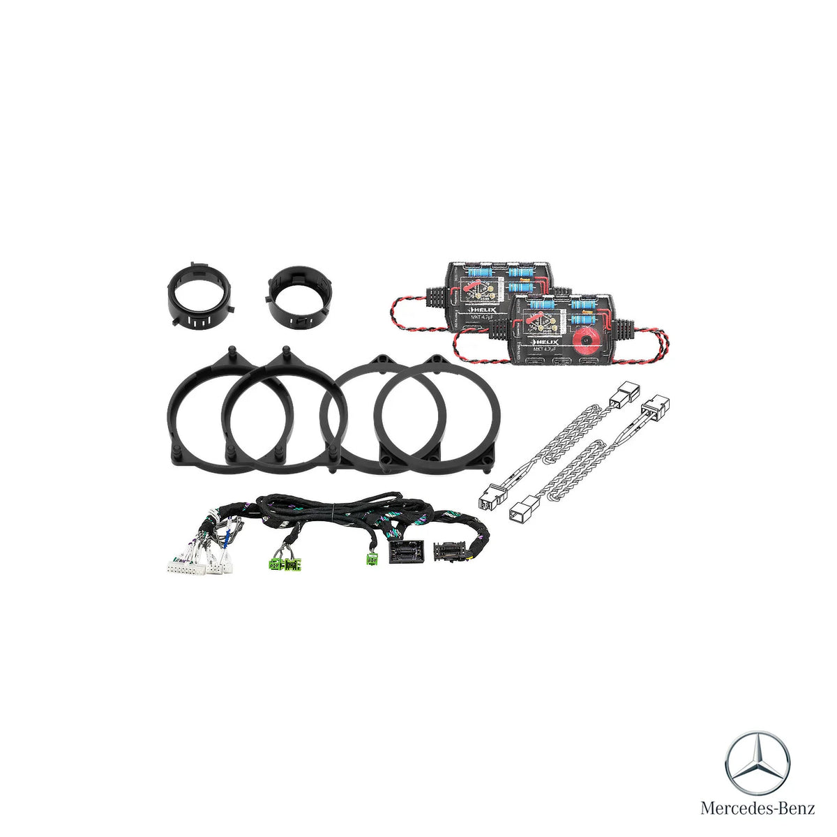 Radio-specific T-harness, HELIX crossovers and speaker adapters for the Mercedes GLC X253 Facelift audio package