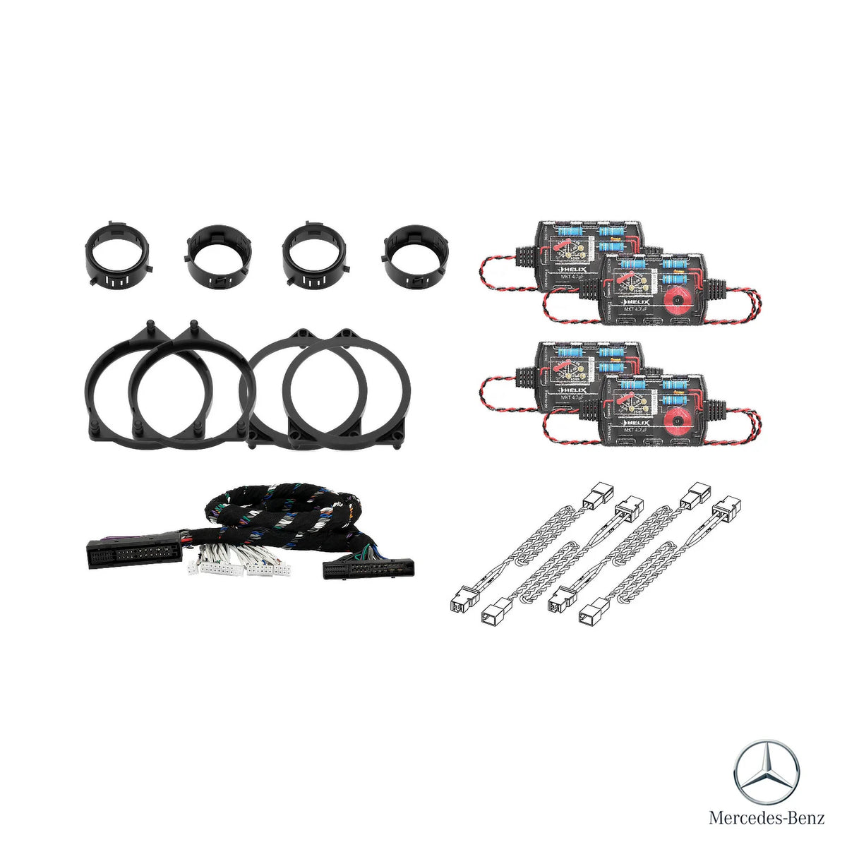 T-harness, HELIX crossovers and speaker adapters for the Mercedes E-Class W213 MBUX Burmester package