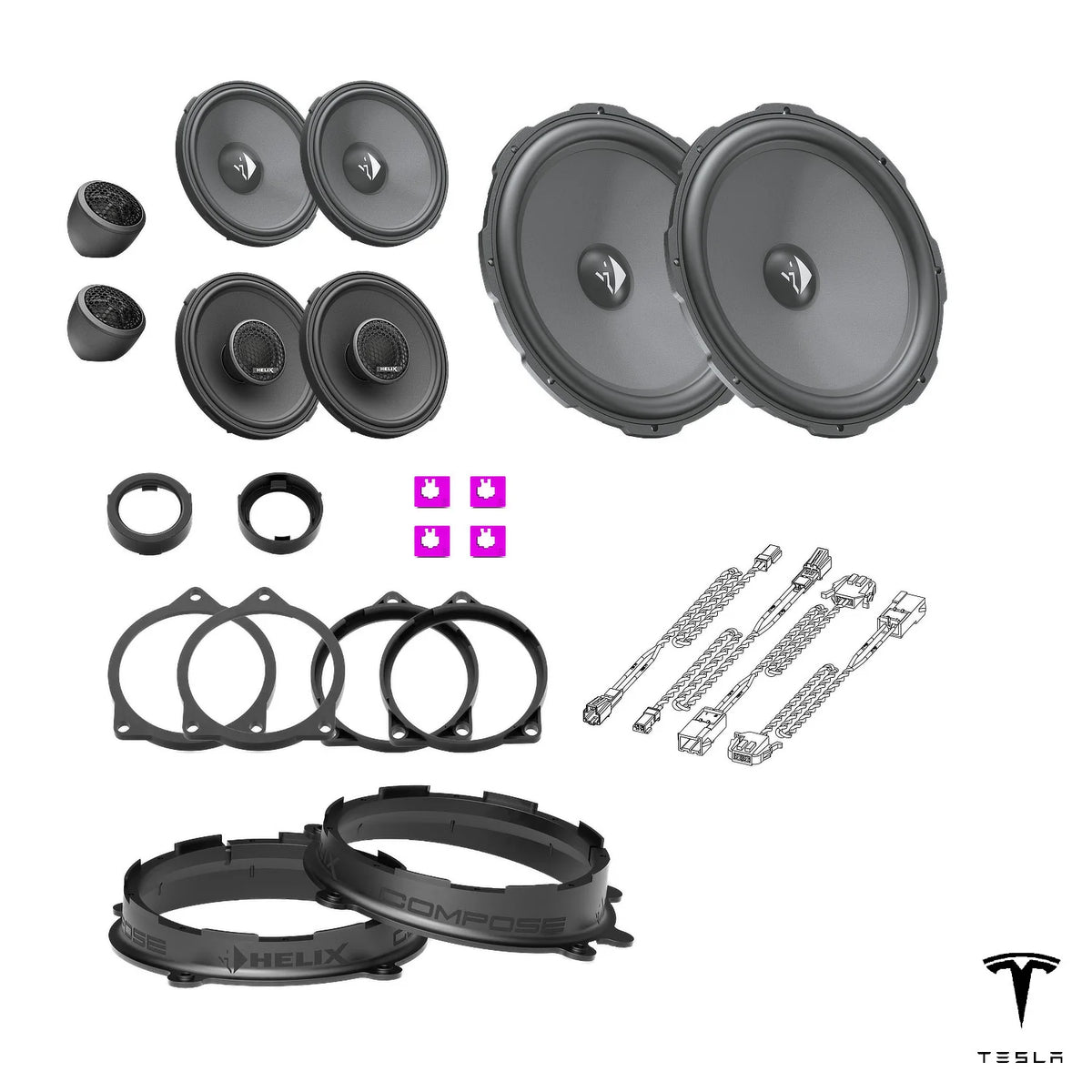 HELIX Ci3 speakers with FlexMount speaker and tweeter adapters for Tesla Model 3 LR/Performance Premium Audio
