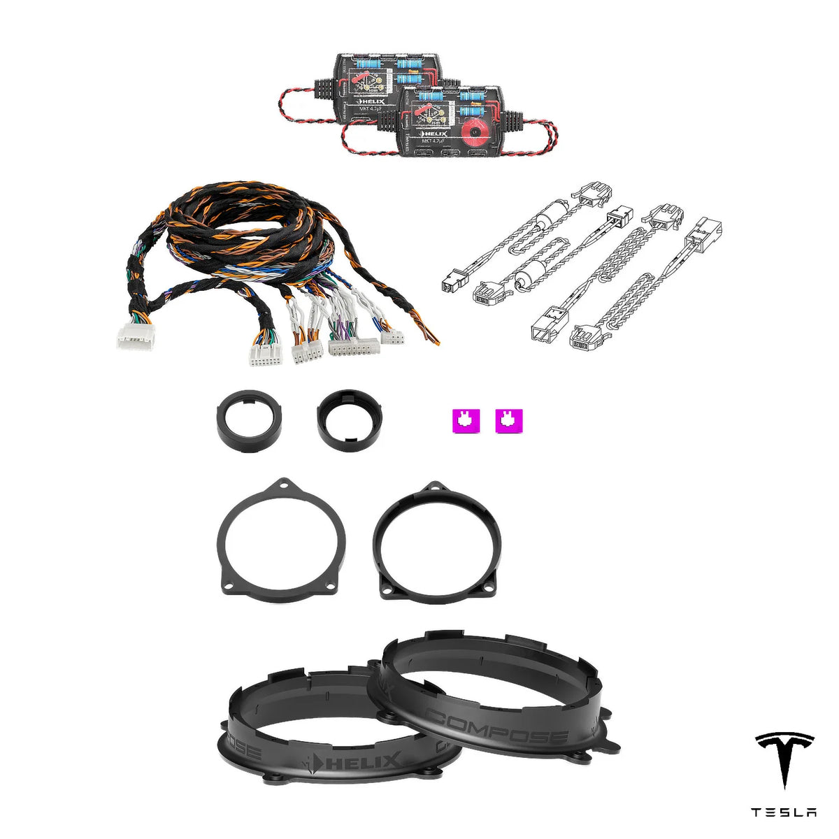 T-harness, HELIX crossovers and FlexMount adapters included in the Tesla Model 3 SR/SR+ Intel audio upgrade