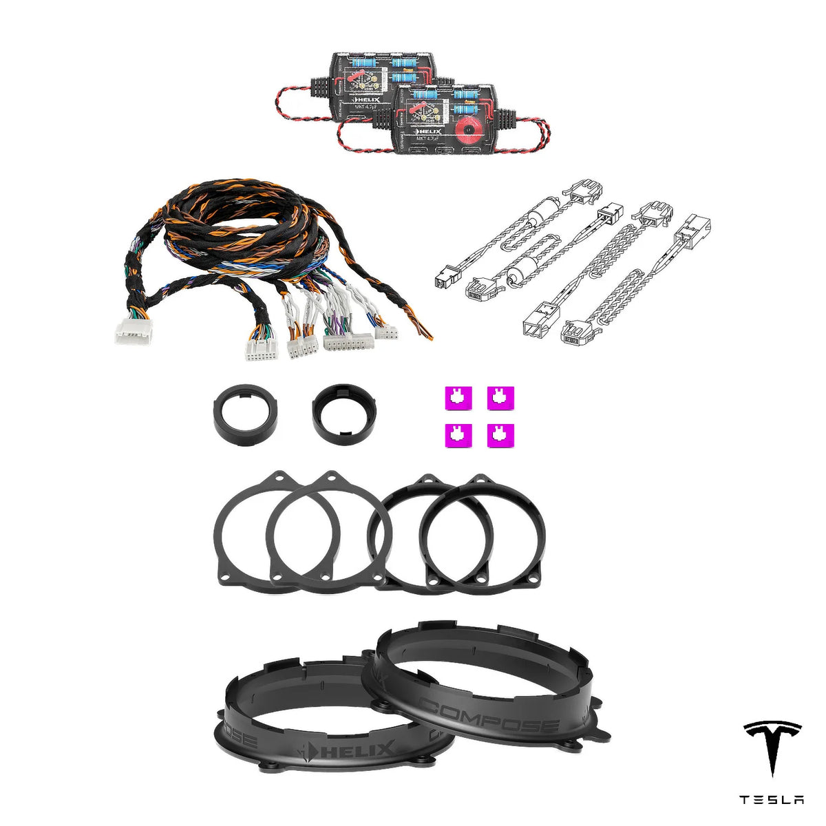 T-harness, HELIX crossovers and FlexMount adapters for the Tesla Model 3 SR/SR+ Intel audio upgrade
