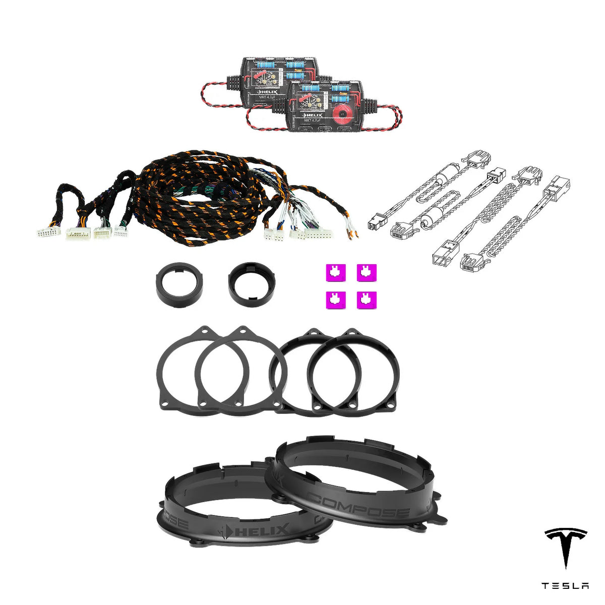 T-harness, HELIX crossovers and FlexMount adapters for the Tesla Model 3 SR/SR+ Ryzen audio upgrade