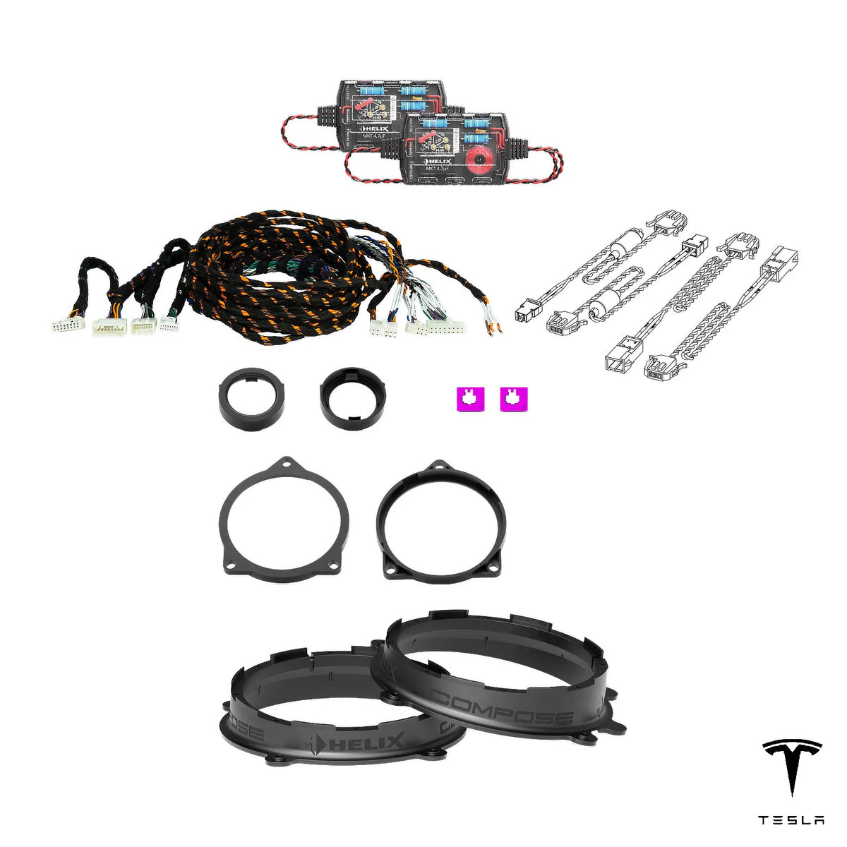 T-harness, HELIX crossovers and FlexMount adapters for the Tesla Model 3 SR/SR+ Ryzen front audio package