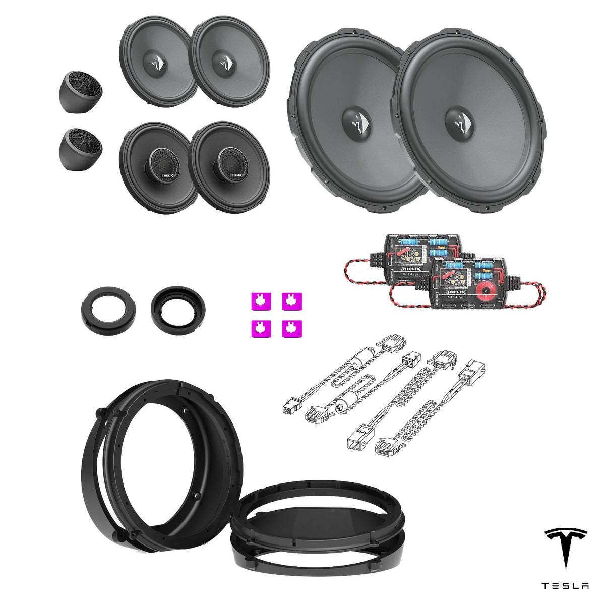 HELIX Ci3 speakers, FlexMount adapters, crossovers and wiring for the Tesla Model X 60D/75D upgrade package