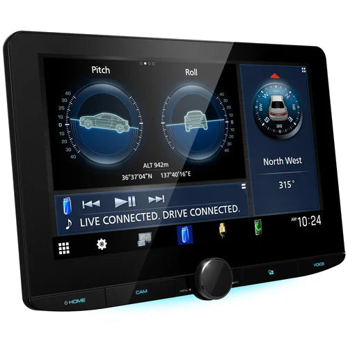 Kenwood DMX9724XDS 10.1-inch floating receiver angled view showing vehicle pitch, roll and compass data