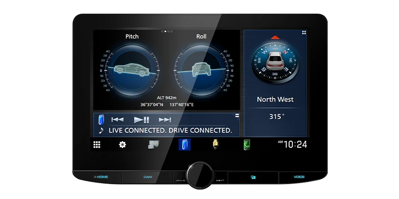 Kenwood DMX9724XDS front view with 10.1-inch touchscreen displaying vehicle pitch, roll and compass information