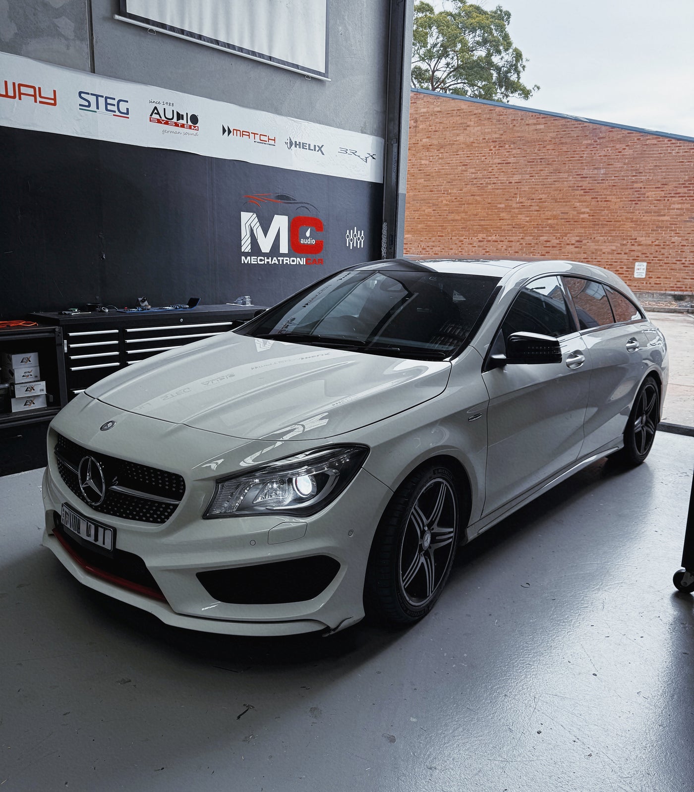 Mercedes-Benz CLA250 at MC Audio Sydney for diagnostic and DSP-based audio system upgrade