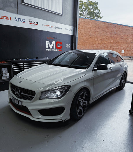 Mercedes-Benz CLA250 at MC Audio Sydney for diagnostic and DSP-based audio system upgrade