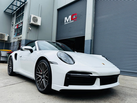 Porsche 911 992 Turbo parked at MC Audio Sydney workshop for premium sound system upgrade