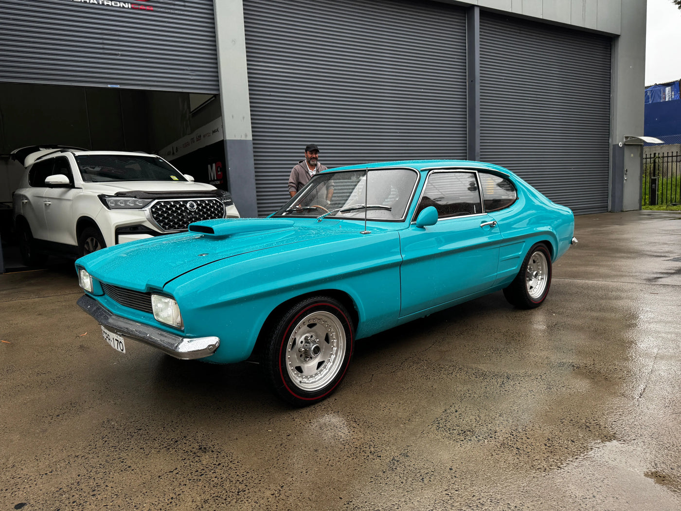 Restored 1970 Ford Capri V6 parked in Rockdale after retro interior and audio upgrade by MC Audio Sydney