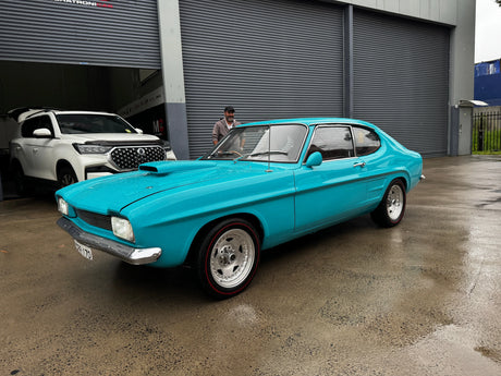 Restored 1970 Ford Capri V6 parked in Rockdale after retro interior and audio upgrade by MC Audio Sydney