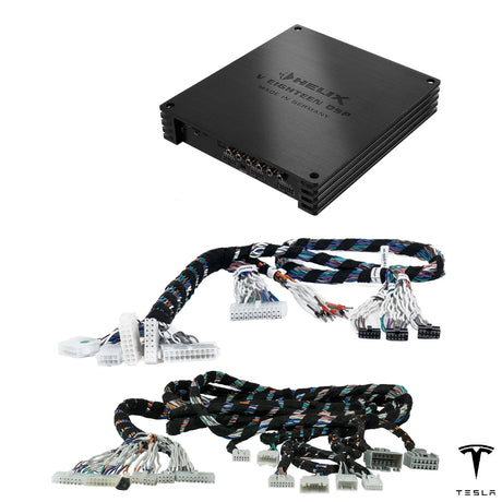HELIX V EIGHTEEN DSP kit with radio-specific PnP harness for compatible Tesla AMD Ryzen Premium Audio systems from 2022.