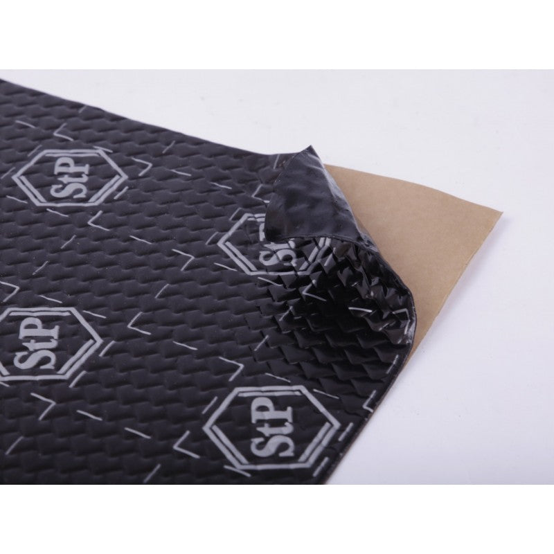 STP Silver Line Black-Silver 1.8mm material designed for vibration damping and soundproofing in vehicle panels.