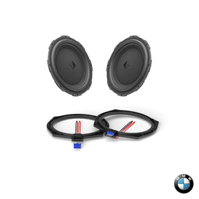 BMW F and G Generation all models 4-Ohm underseat subwoofer upgrade kit for high-performance audio integration featuring plug and play installation front view – MC Audio Sydney