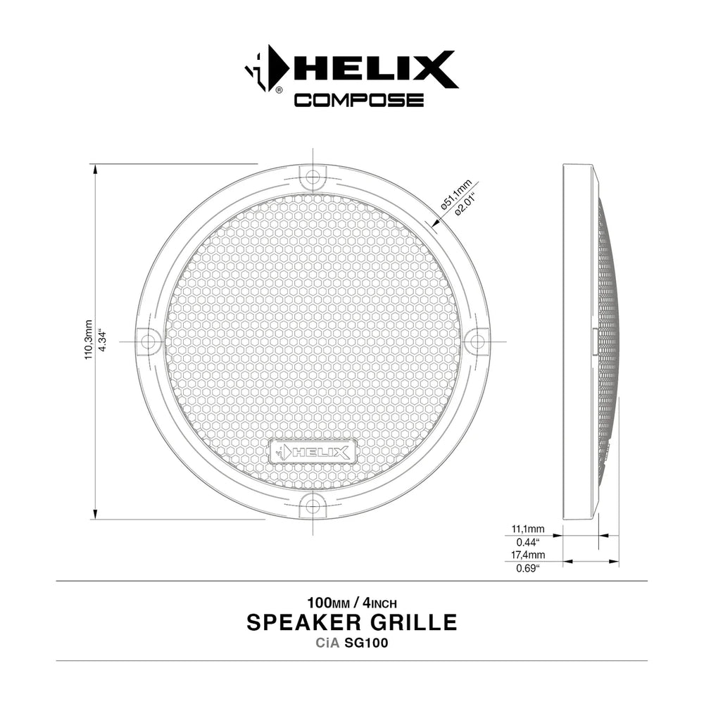 HELIX CiA SG100 4 inch speaker grille close-up showing mesh design and mounting detail for HELIX COMPOSE – by MC Audio Sydney