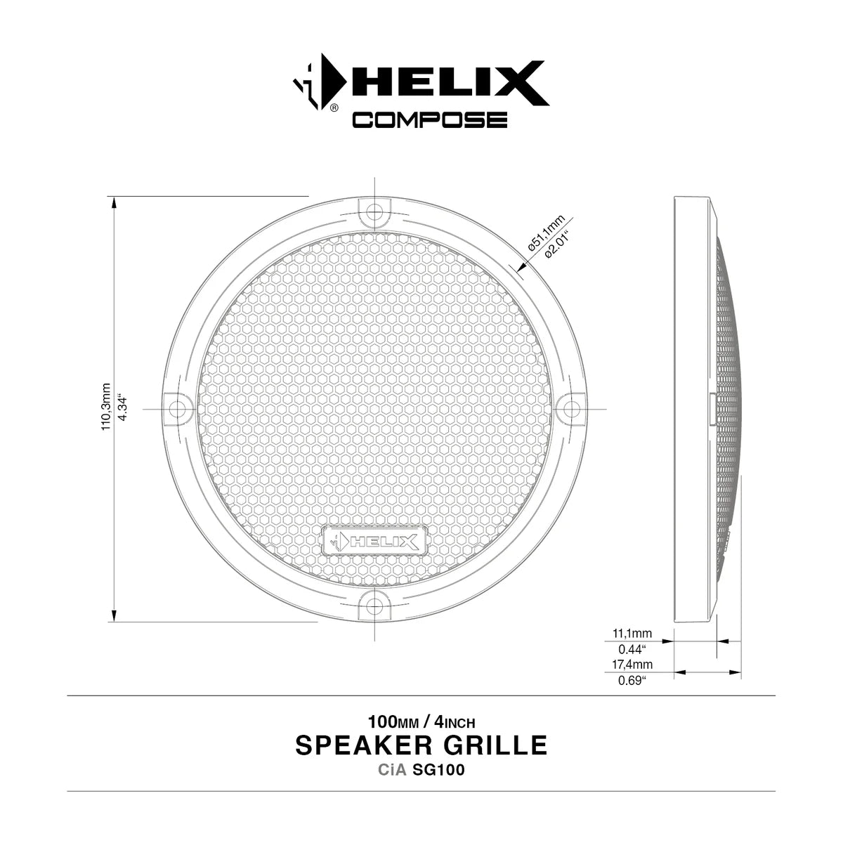 HELIX CiA SG100 4 inch speaker grille close-up showing mesh design and mounting detail for HELIX COMPOSE – by MC Audio Sydney