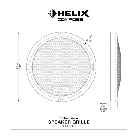 HELIX CiA SG100 4 inch speaker grille close-up showing mesh design and mounting detail for HELIX COMPOSE – by MC Audio Sydney