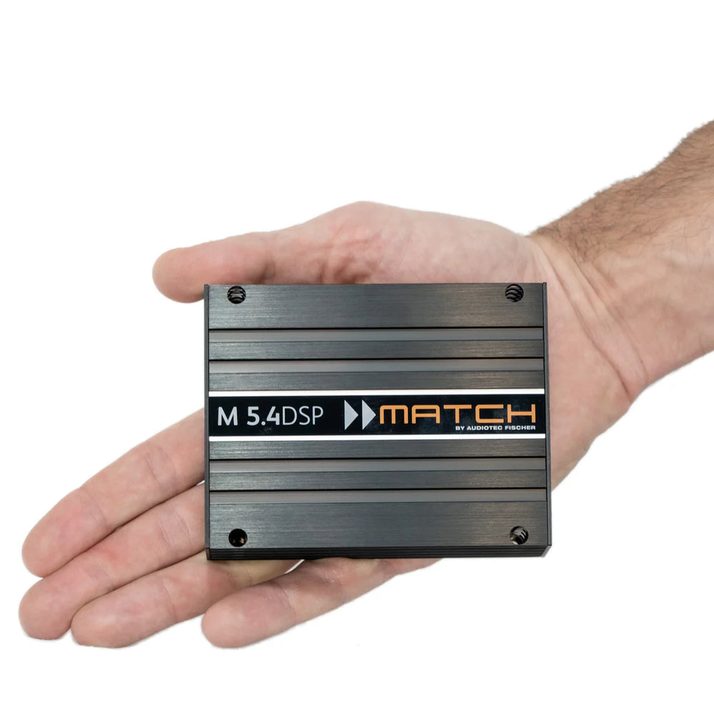 MATCH M 5.4DSP compact 5 channel amplifier with integrated 9 channel DSP for advanced sound tuning.