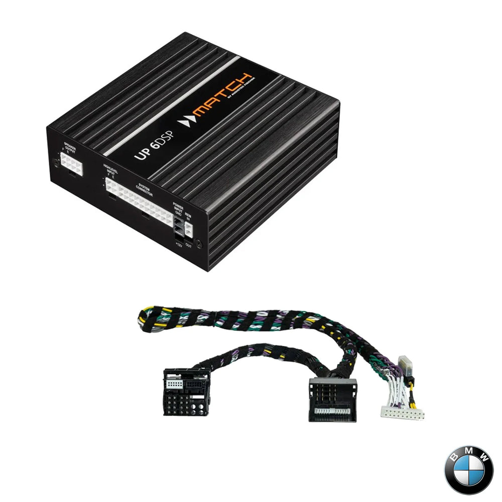 Complete BMW upgrade solution including DSP amplifier and vehicle-specific harness for seamless OEM integration.