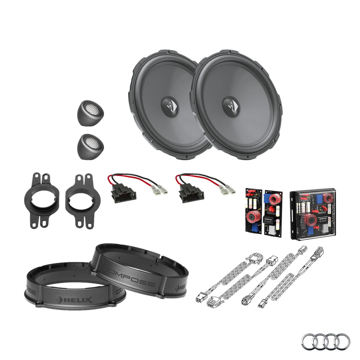 Audi Q5 FY HELIX Ci3 Ci5 front speaker upgrade package with vehicle-specific integration – MC Audio Sydney