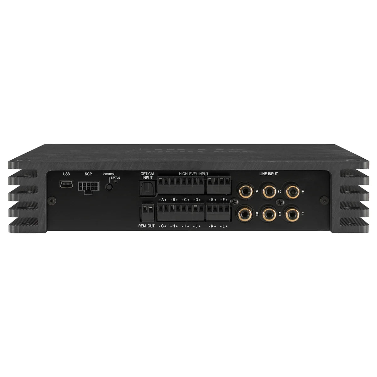 High-end 12-channel amplifier with integrated 14-channel DSP for advanced multi-channel car audio systems.