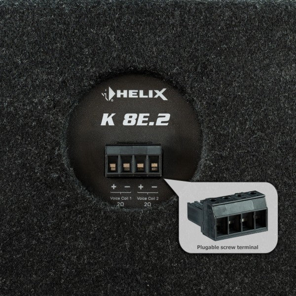 Original packaging for HELIX K 8E.2 8” 300W RMS vented subwoofer box | 2×2 Ω – by MC Audio Sydney