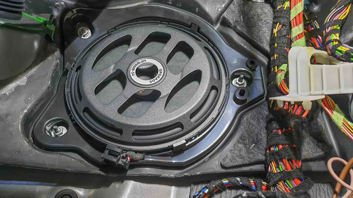 MATCH UP W8MB-S4 RHD flat subwoofer driver close-up 8 inch Mercedes footwell – by MC Audio Sydney