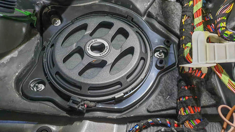 MATCH UP W8MB-S4 RHD flat subwoofer driver close-up 8 inch Mercedes footwell – by MC Audio Sydney