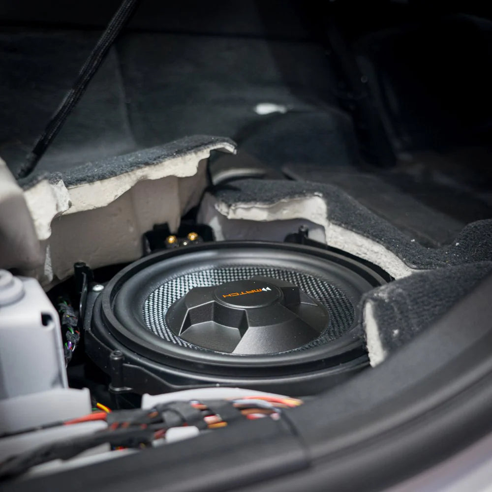 MATCH UP W8BMW-S under-seat 8 inch subwoofer driver close-up 2Ω Plug and Play – MC Audio Sydney