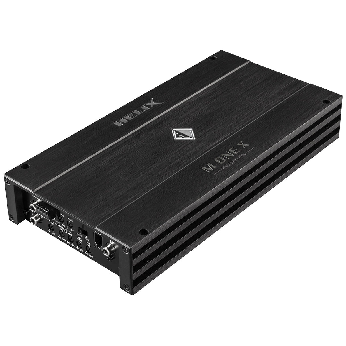 HELIX M ONE X 24V mono digital amplifier with TwinPower Link 1 ohm stable front view – by MC Audio Sydney