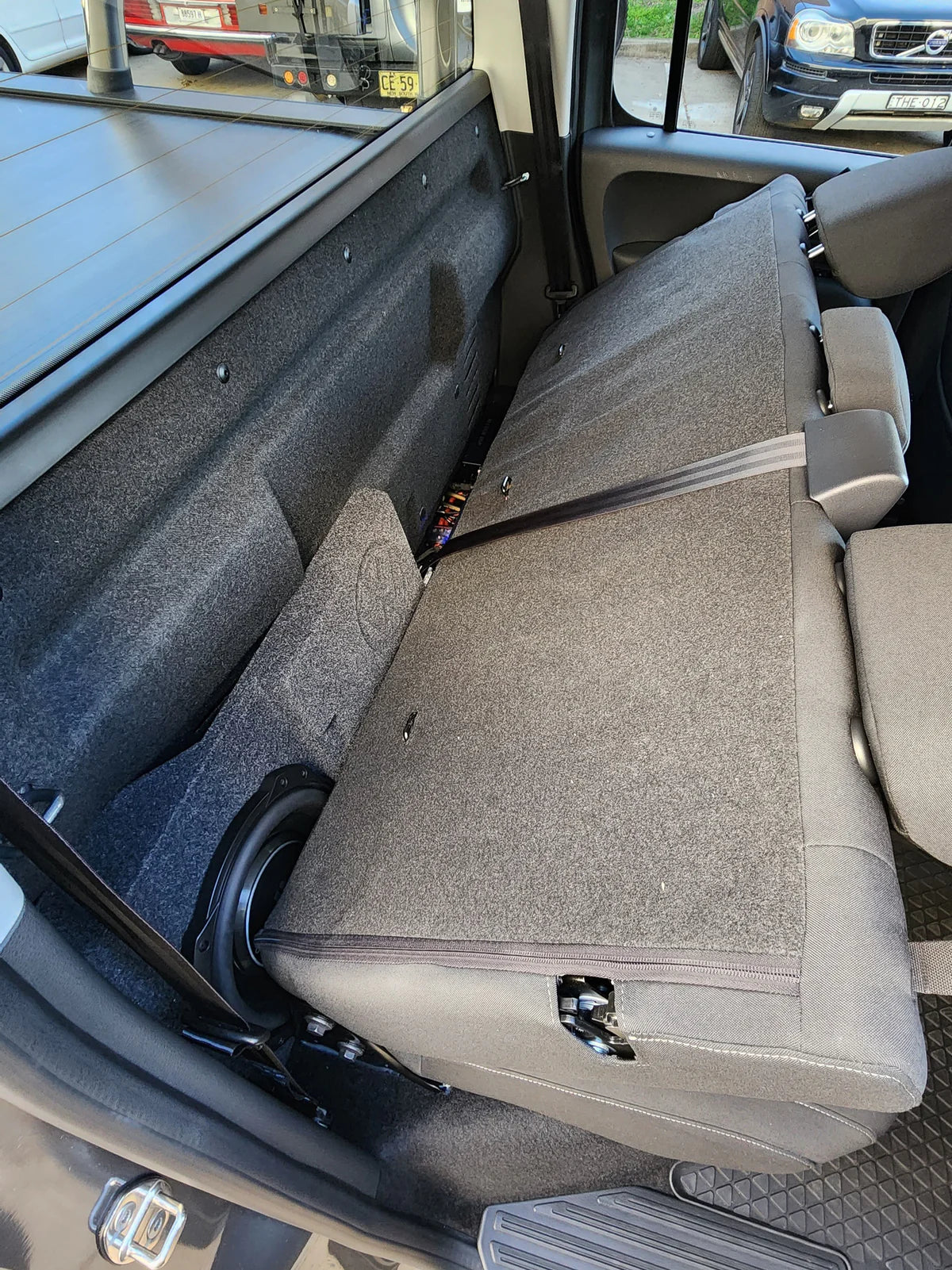 BASSER VW Amarok right side fit-box subwoofer enclosure installed example – by MC Audio Sydney