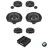 Complete MATCH UP PnP speaker, under-seat subwoofer and DSP amplifier upgrade package for BMW F Series Basic Sound vehicles. Designed for models requiring factory tweeter pods, delivering premium sound quality with seamless OEM integration.