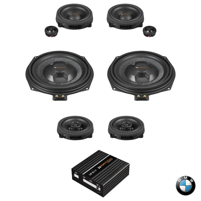 Complete MATCH UP PnP speaker, under-seat subwoofer and DSP amplifier upgrade package for BMW F Series Basic Sound vehicles. Designed for models requiring factory tweeter pods, delivering premium sound quality with seamless OEM integration.
